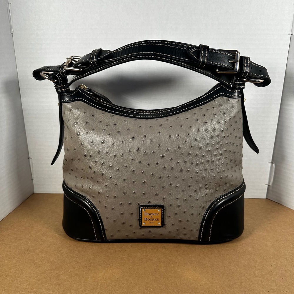 Dooney & Bourke Hobo Bag Womens Medium Grey Ostrich Leather Good Embossed